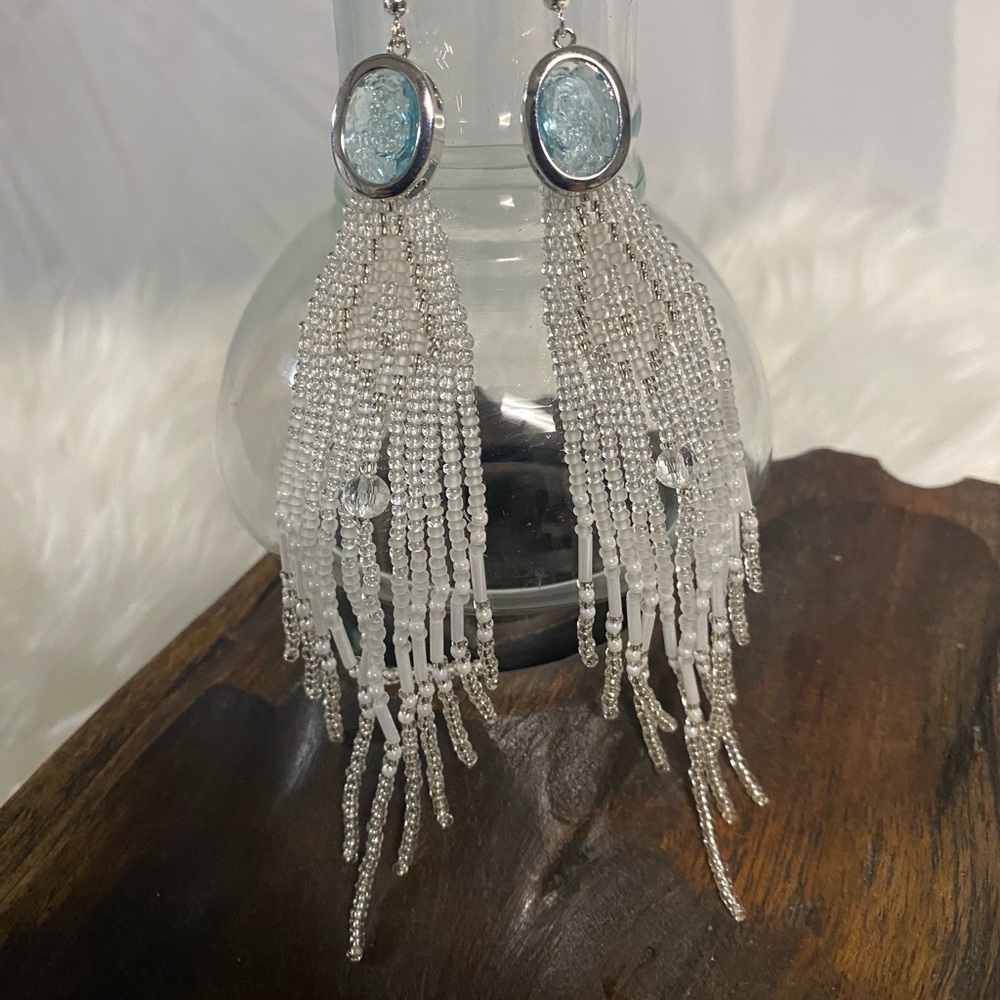 White  Beaded Fringe Earrings with Light Blue Stone